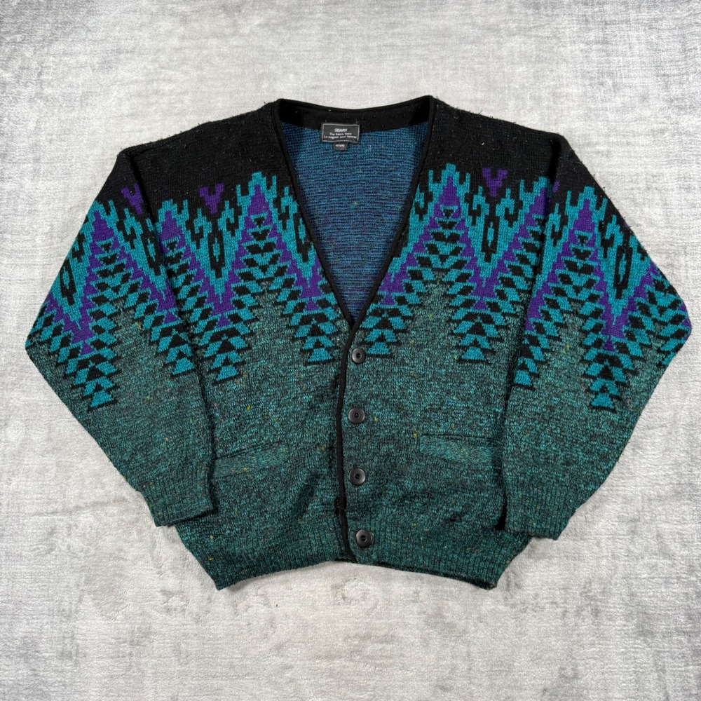 Sears Sweater Mens 4 Black Vintage 90s Geometric Cardigan Geometric Knit Ski